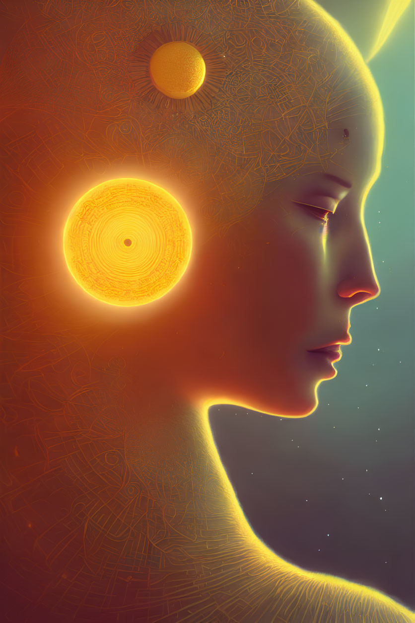 Stylized profile with radiant sun orb and intricate patterns