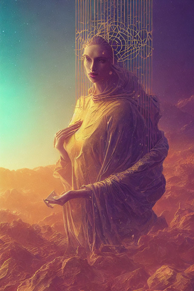 Digital artwork featuring woman in golden drapes on rocky terrain with halo and starry sky
