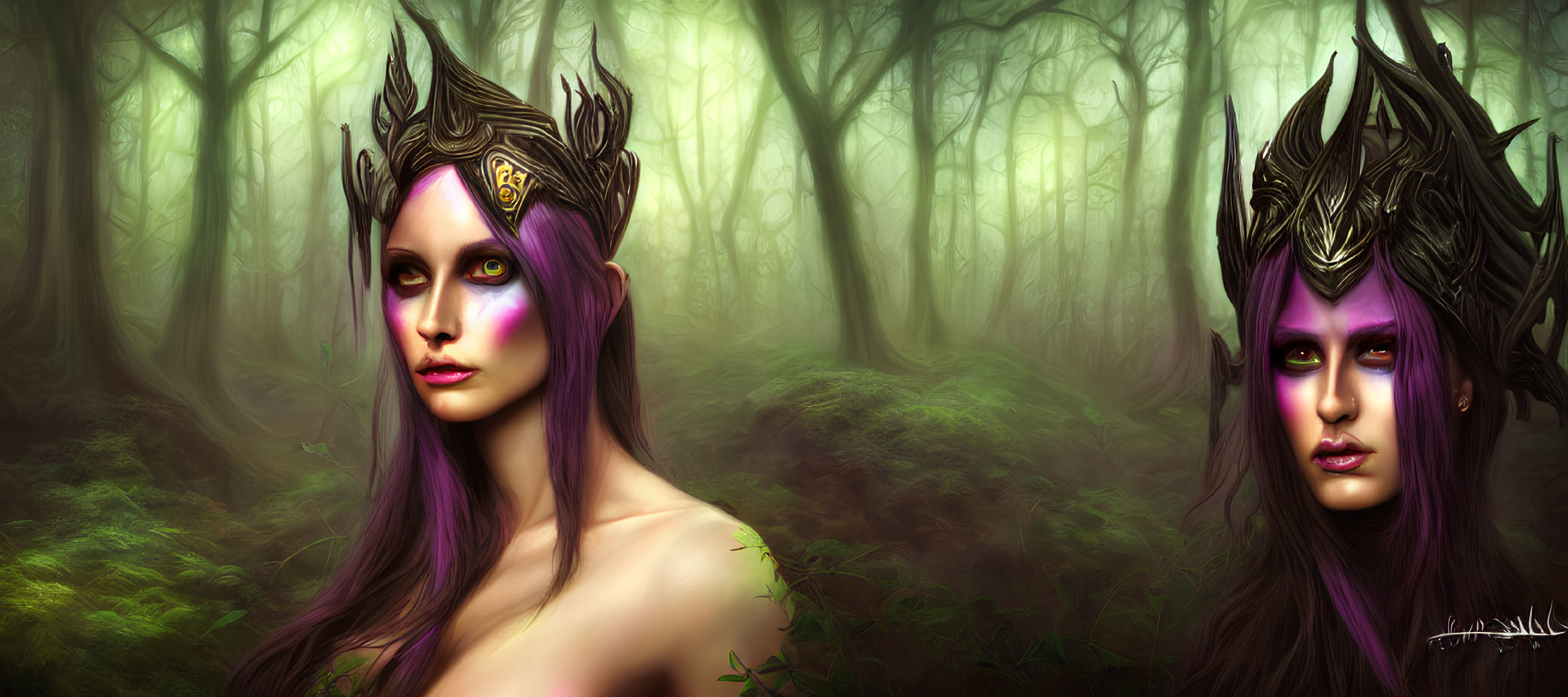 Mystical women with purple hair and ornate crowns in foggy forest