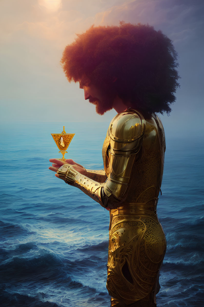 Golden-armored figure with glowing chalice by the ocean