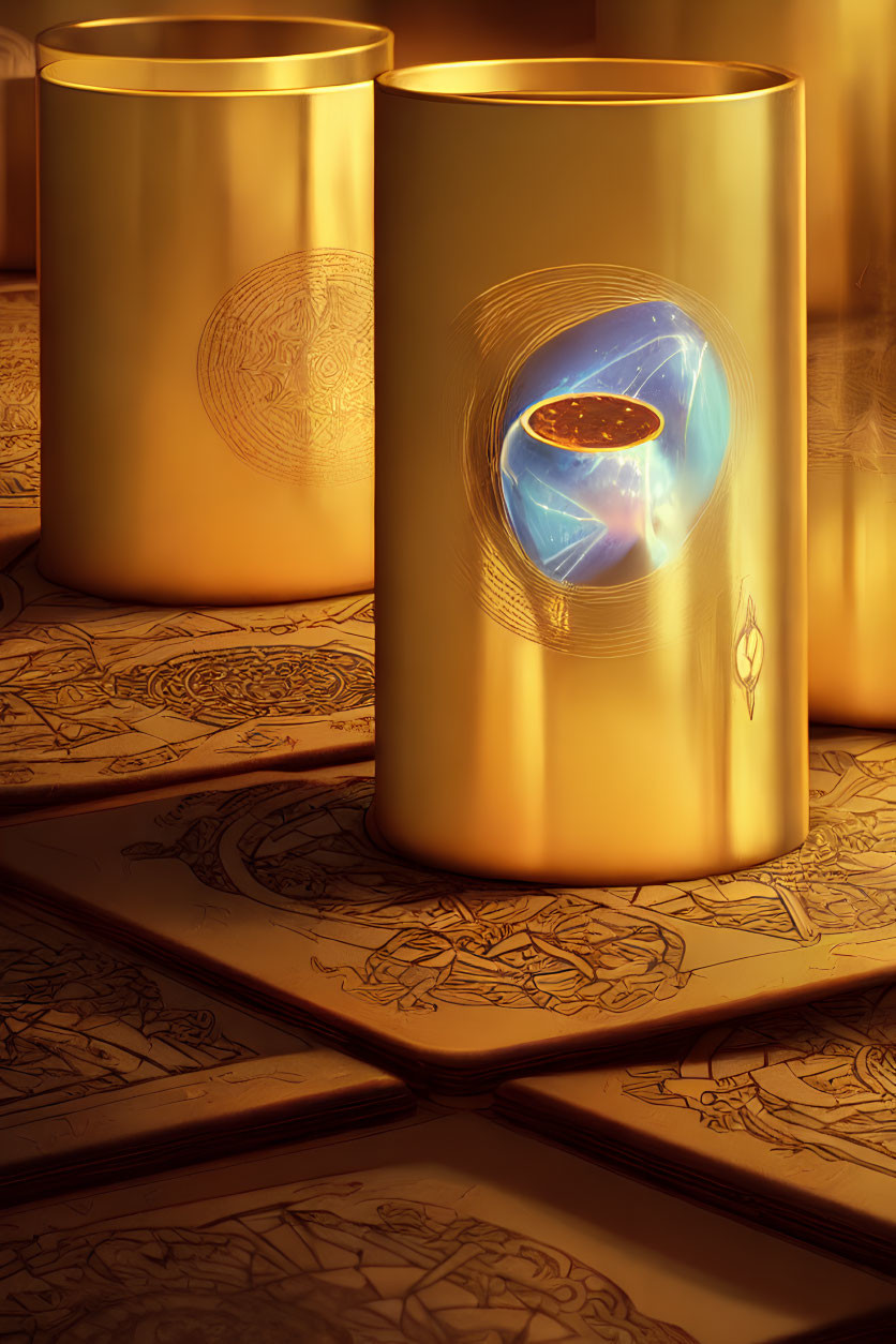Embossed Golden Cylindrical Containers with Cosmic Sphere on Text-Covered Surface