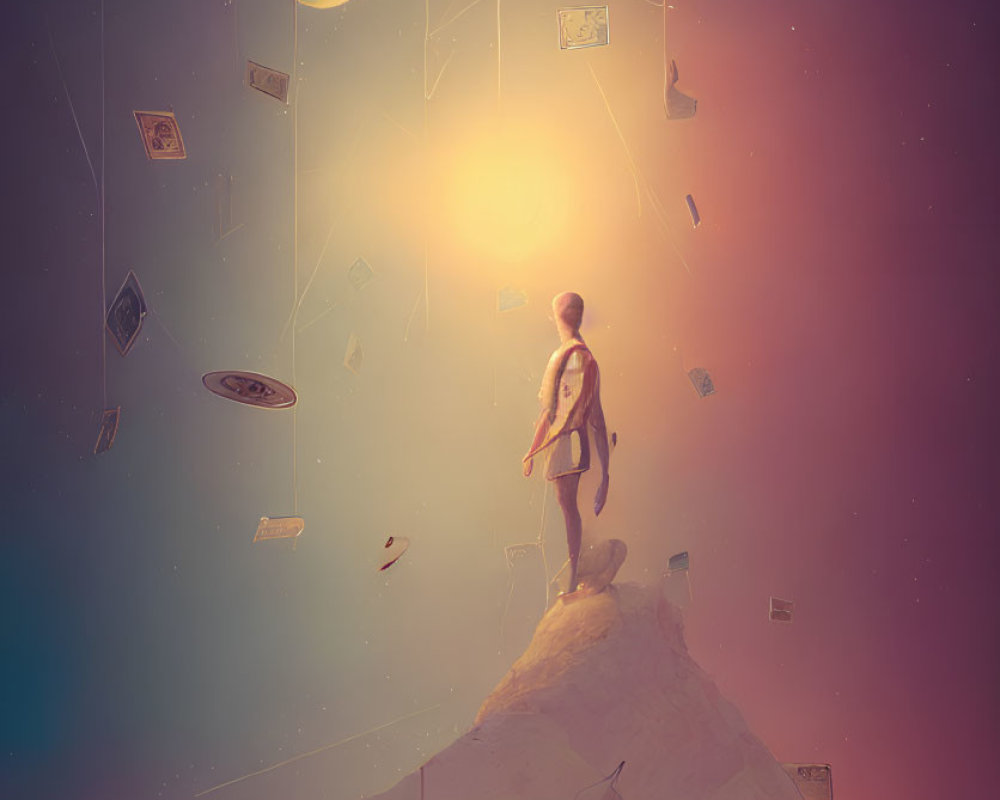 Surreal humanoid figure on floating rock under dreamlike sky