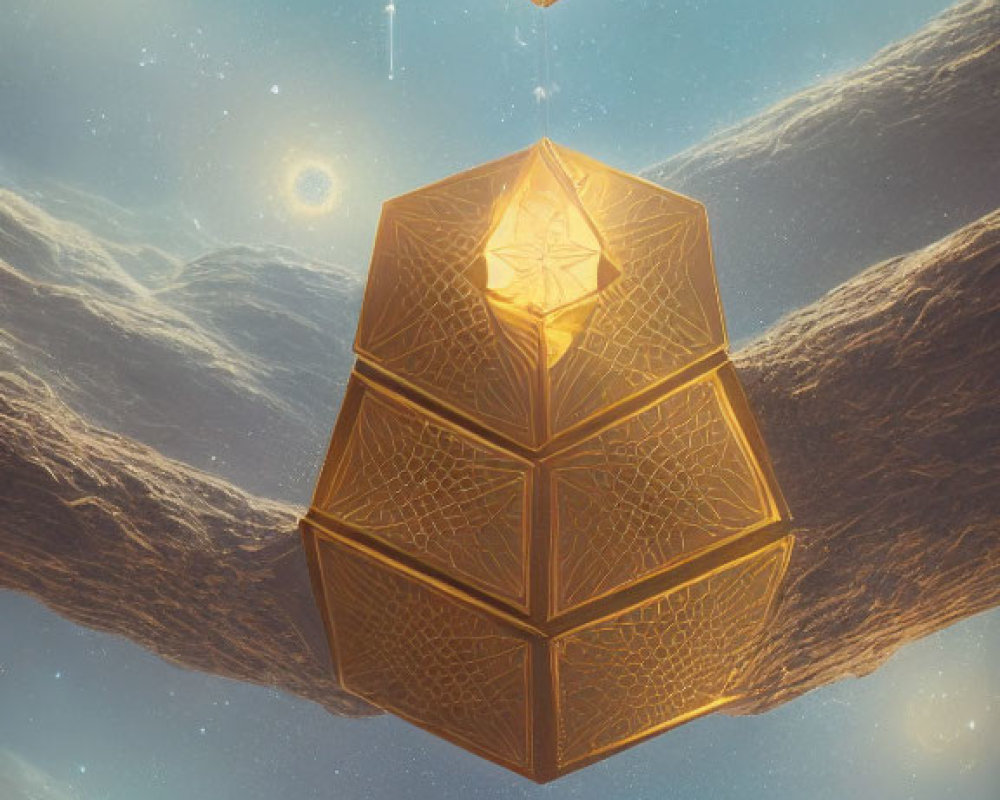 Surreal artwork featuring floating golden shapes in celestial setting