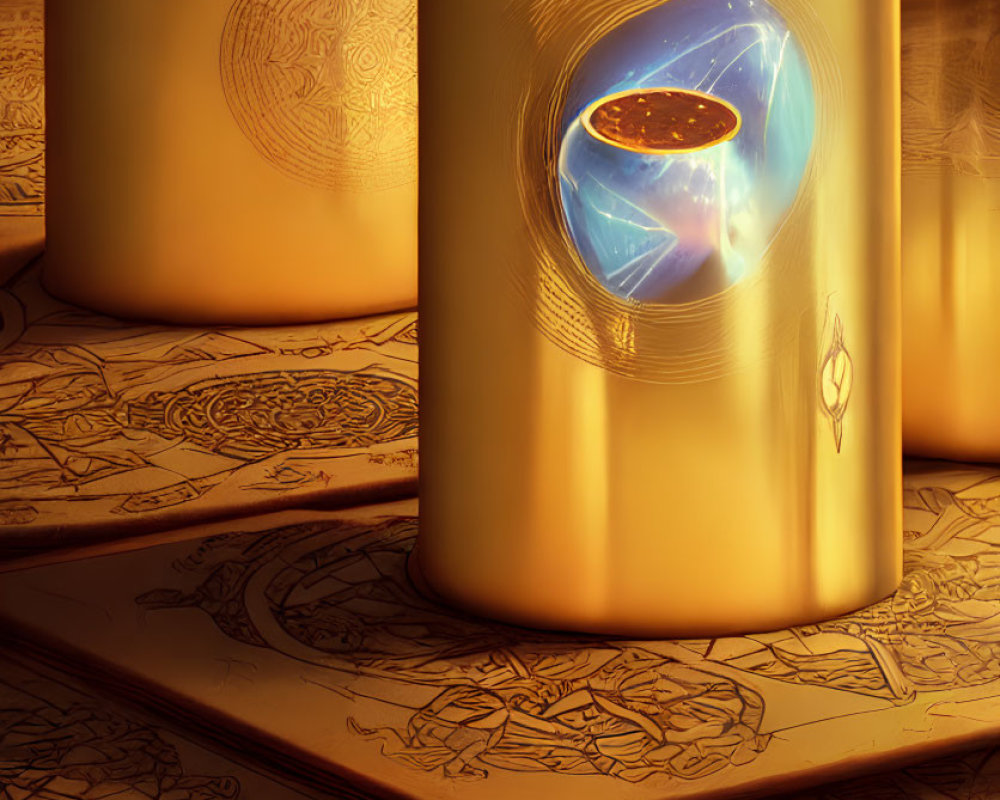 Embossed Golden Cylindrical Containers with Cosmic Sphere on Text-Covered Surface