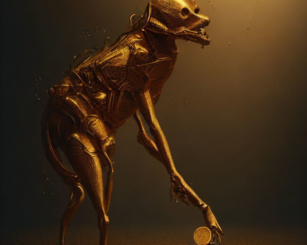 Intricate golden robot examines vintage gramophone in dimly lit setting