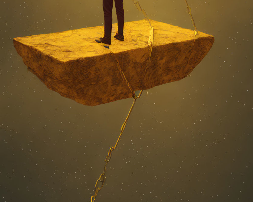 Man on Floating Rock Platform Connected by Chains to Lower Platform Against Starry Background