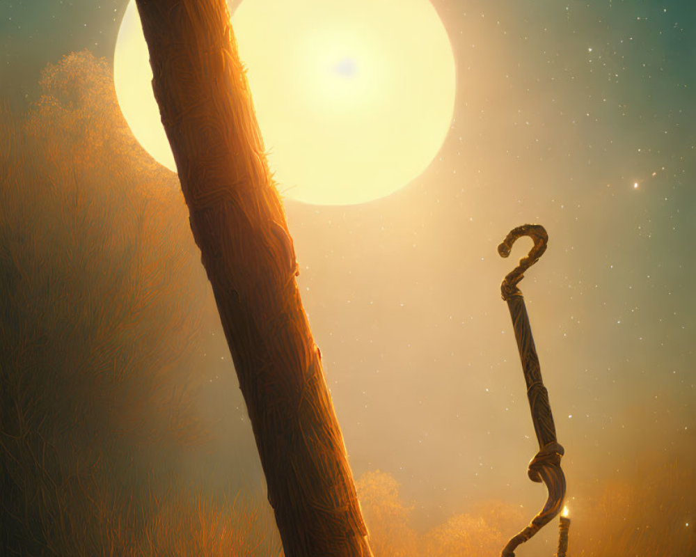 Mystical nighttime landscape with moon, stars, staff, and ropes