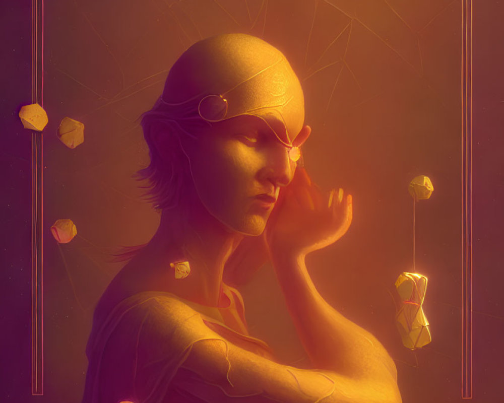 Contemplative figure with geometric shapes in warm light