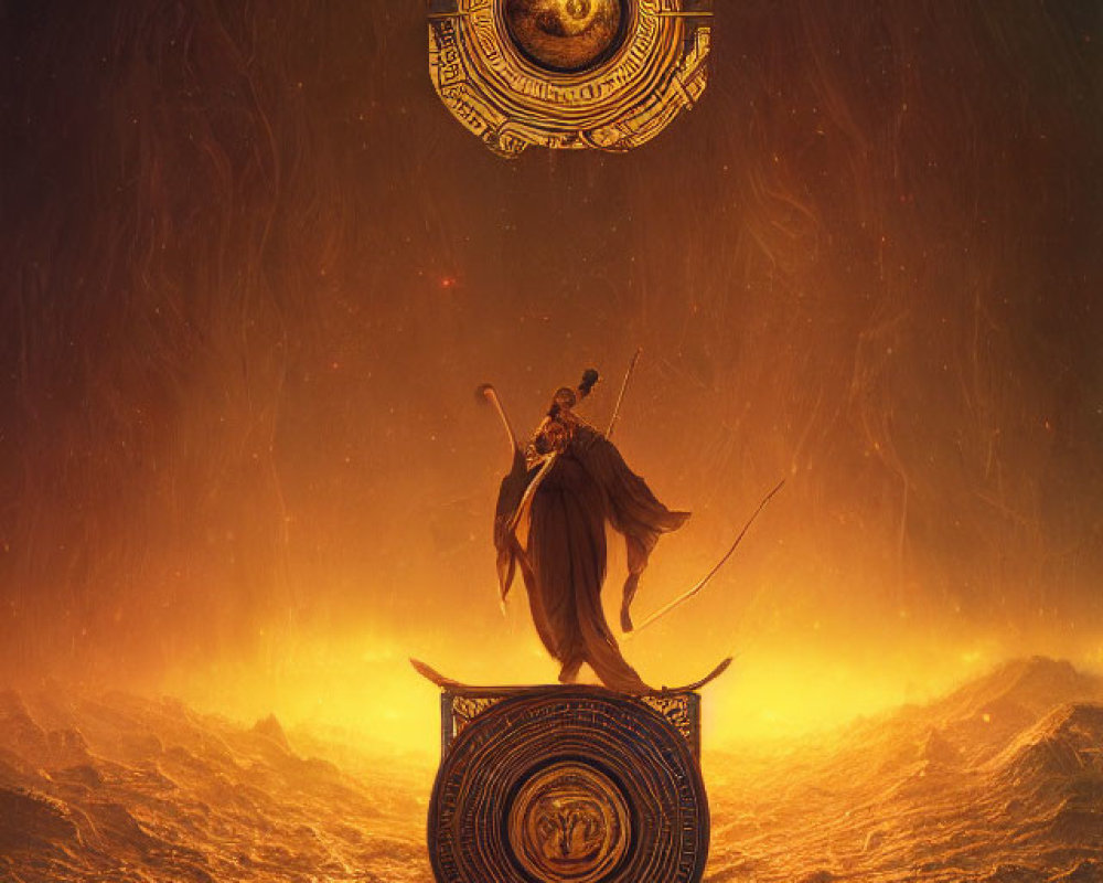 Warrior on circular platform gazes at floating golden orb in fiery landscape