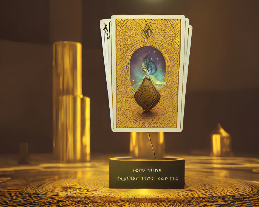 Mystical tarot card display with cosmic symbols and candlelight