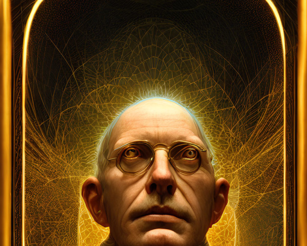 Hyper-realistic portrait of balding man with glasses under luminous golden arch