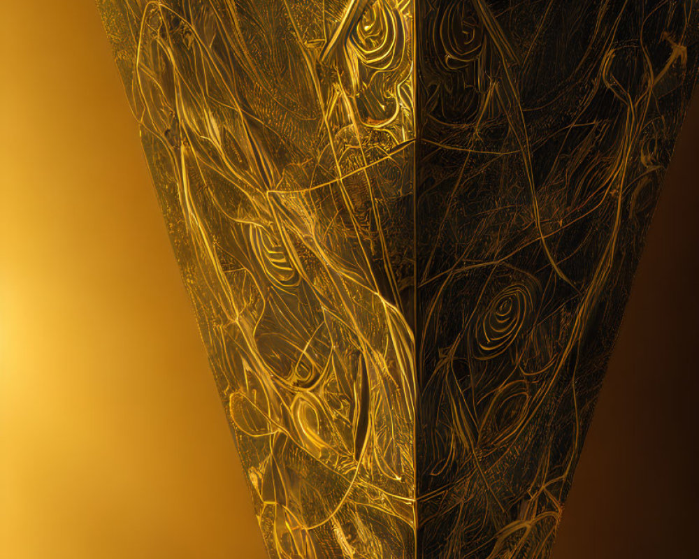 Golden fractal patterns with mysterious eye-like figure on dark background