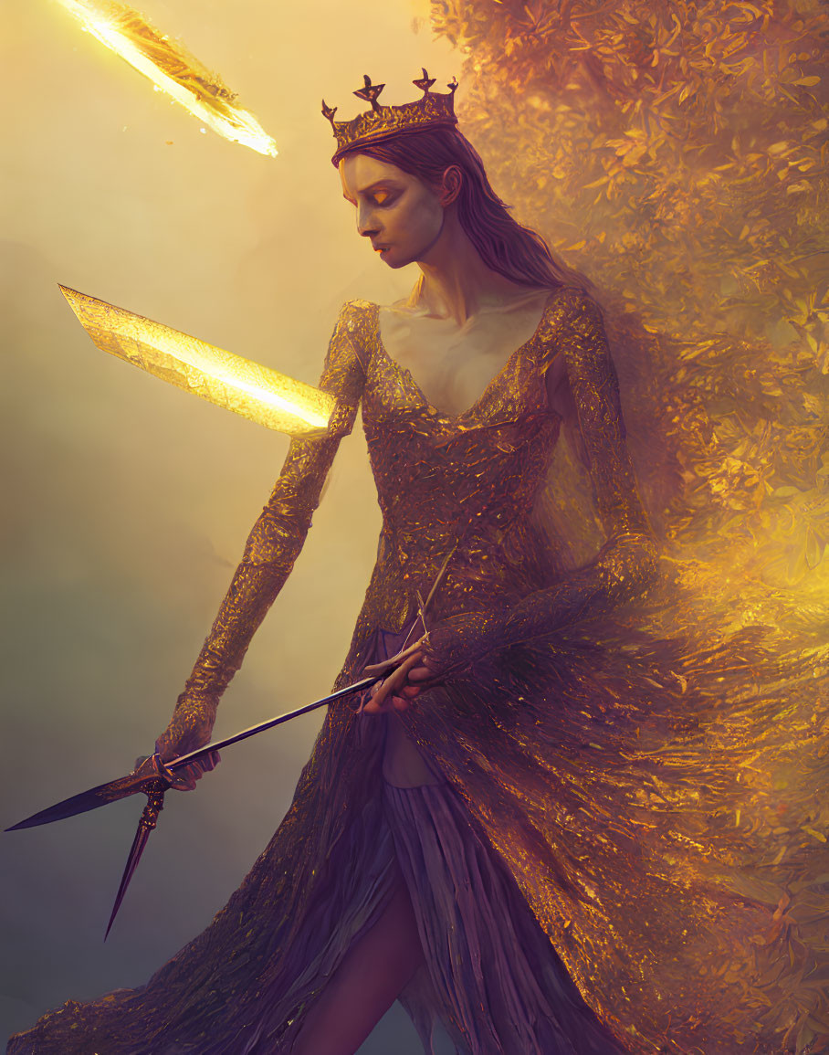 Regal figure with crown and glowing sword in golden gown against warm backdrop