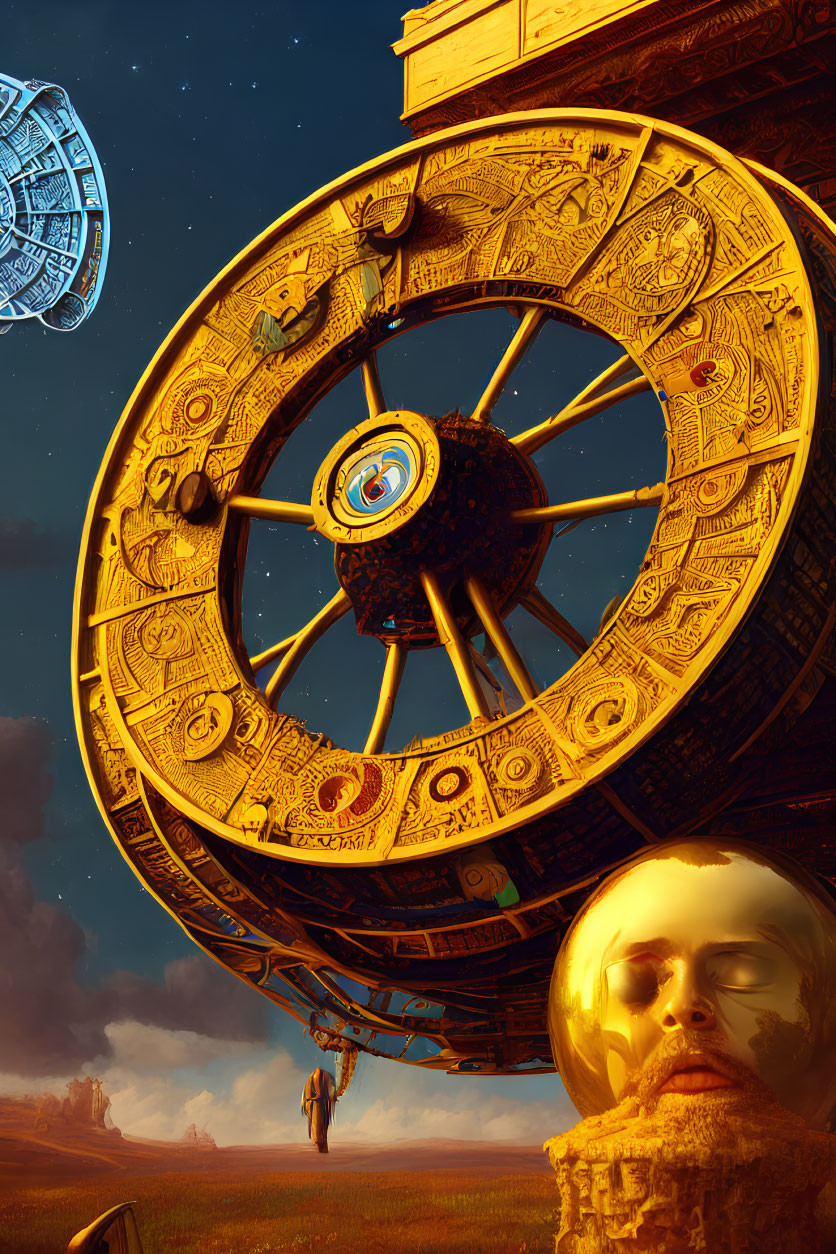 Gigantic ornate golden wheel with surreal landscape and spacecraft
