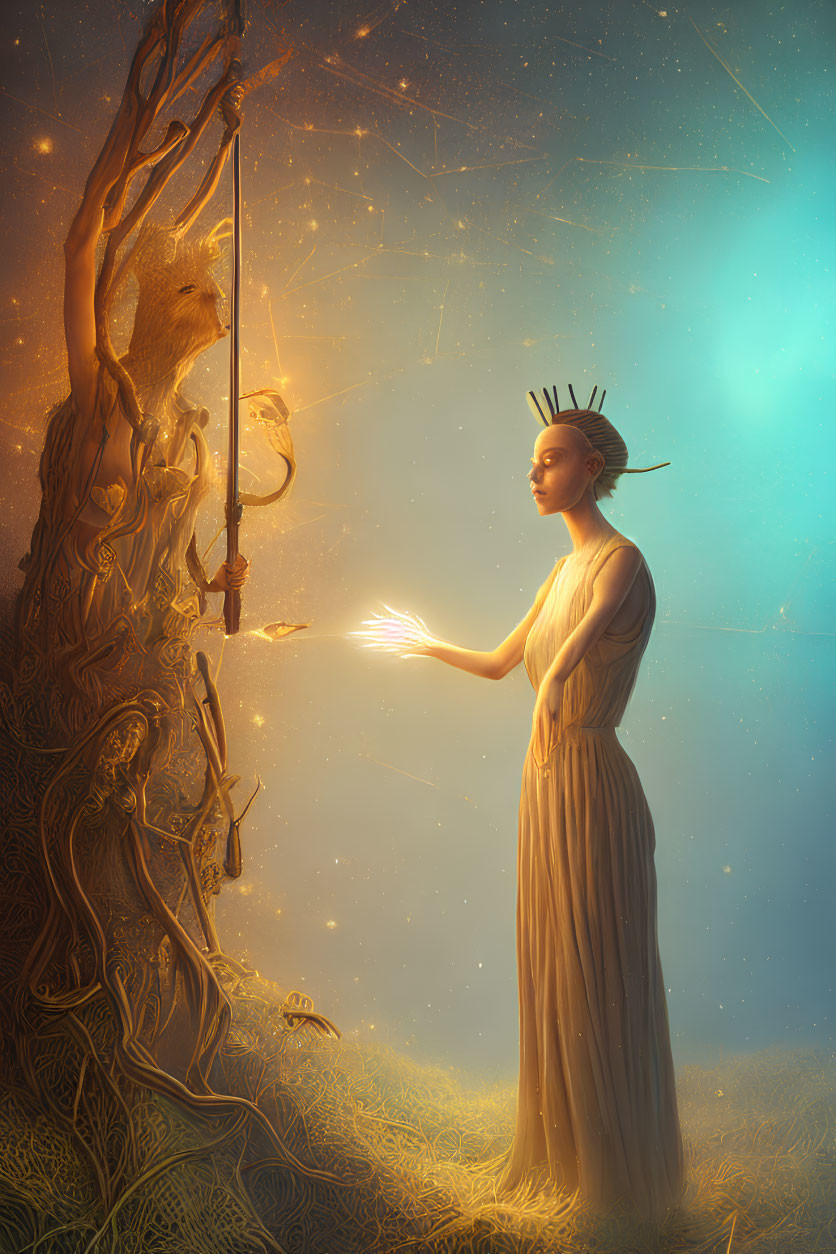 Serene woman with glowing crown beside sword in intricate tree