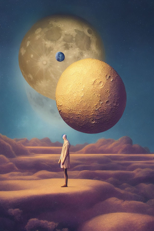 Person on surreal cloud landscape with large celestial bodies in dreamy sky