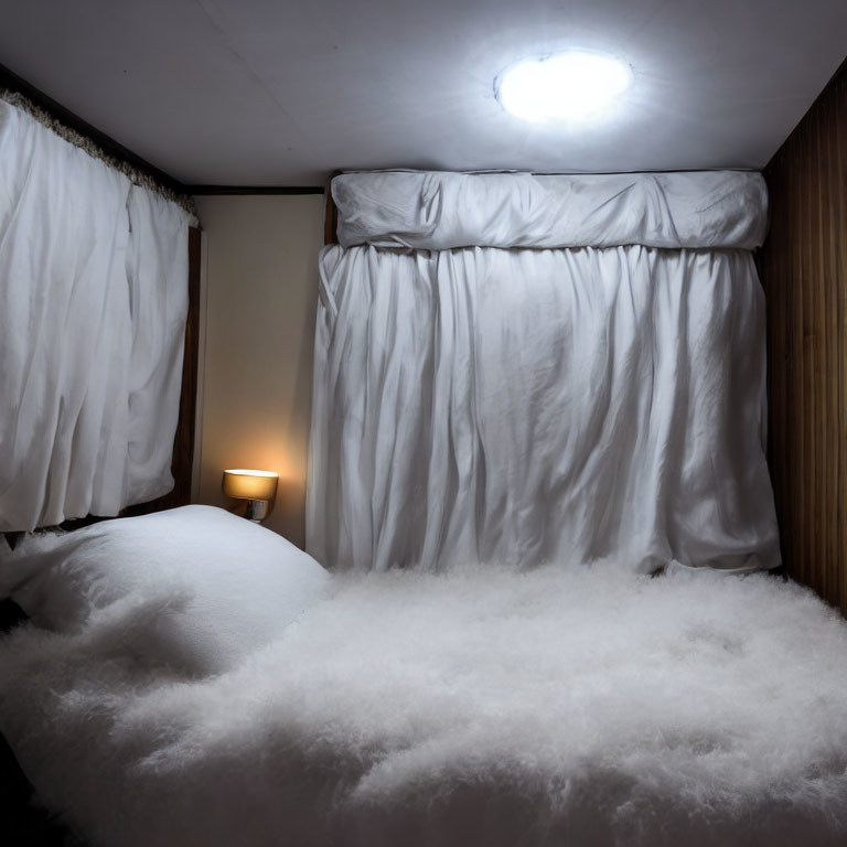 Dimly Lit Bedroom with Snow-Covered Bed and Wooden Walls