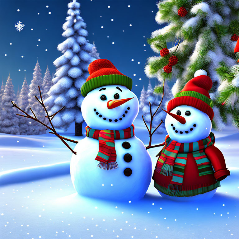 Cheerful snowmen with winter attire by snowy pine tree at night