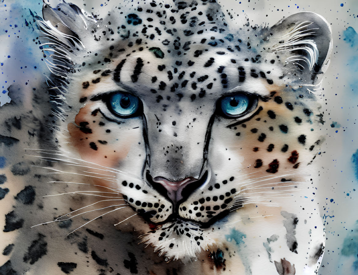 Snow leopard digital artwork: Blue-eyed feline with intricate fur patterns on splattered background