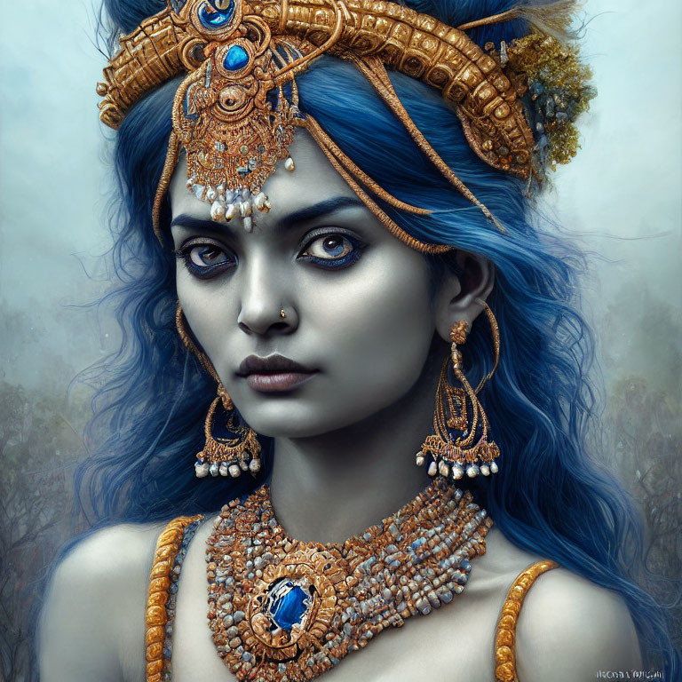 Blue-skinned woman with gold jewelry and intense gaze on muted background.