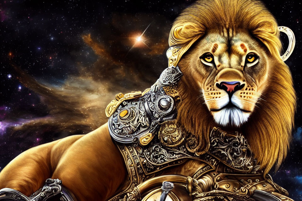 Majestic lion in armor against starry space