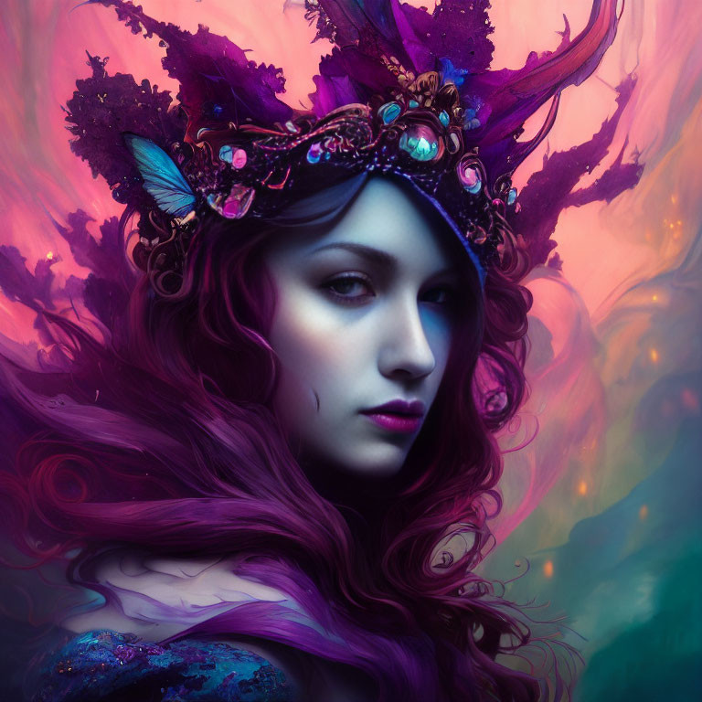 Purple-haired woman with butterfly crown in mystical setting
