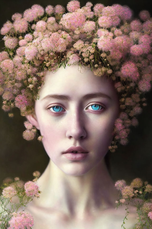 Portrait of a person with blue eyes and pink flower crown on dark background