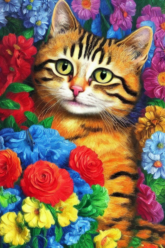 Tabby Cat with Green Eyes Among Colorful Flowers in Vibrant Artwork