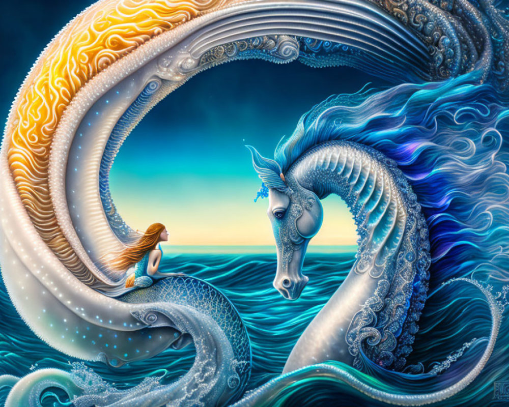 Majestic horse emerging from woman on wave in fantastical painting