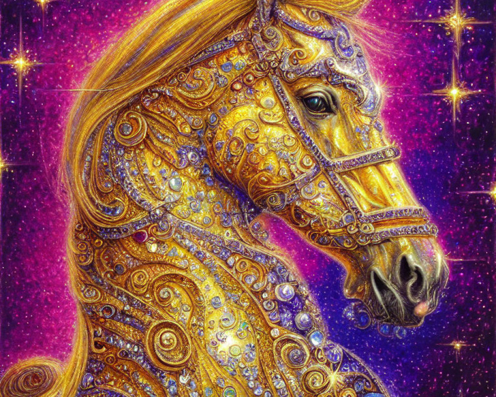Golden Ornate Horse with Gemstone Embellishments on Purple Starry Background