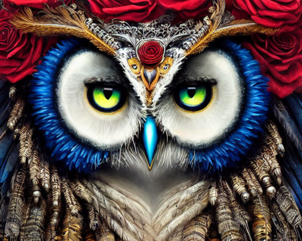 Vibrant digital artwork featuring owl with green eyes and rose details