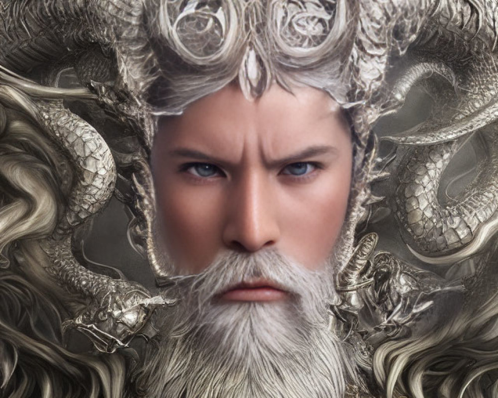 Regal figure in silver crown and dragon-like armor with grey beard and blue eyes