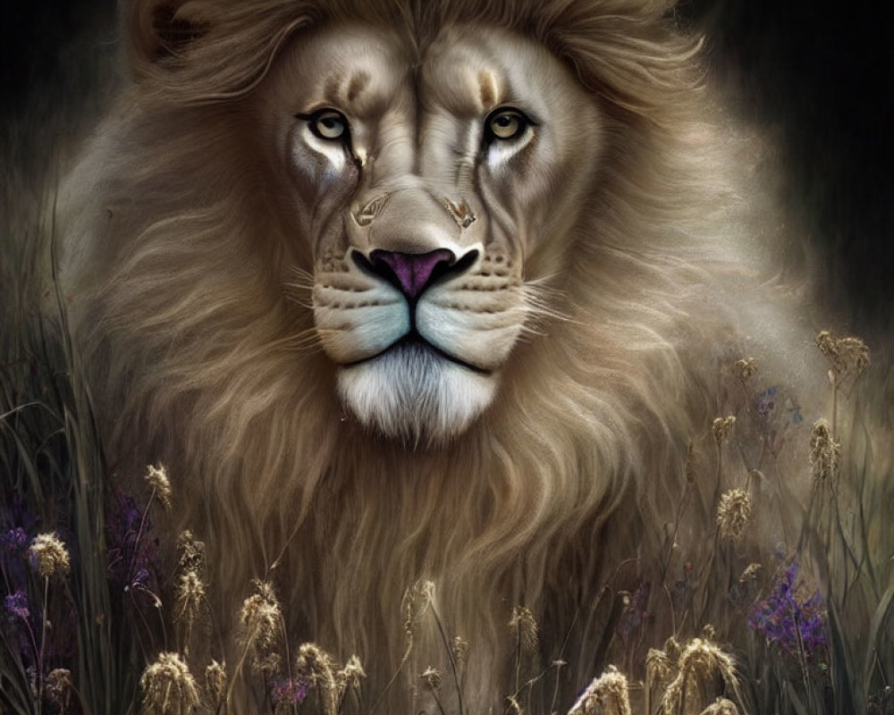 Majestic lion with lush mane in dark setting with tall grass and purple wildflowers