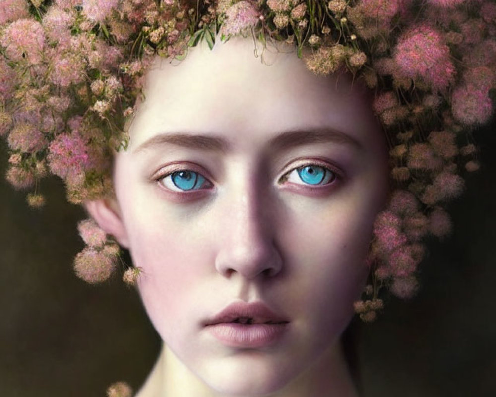 Portrait of a person with blue eyes and pink flower crown on dark background