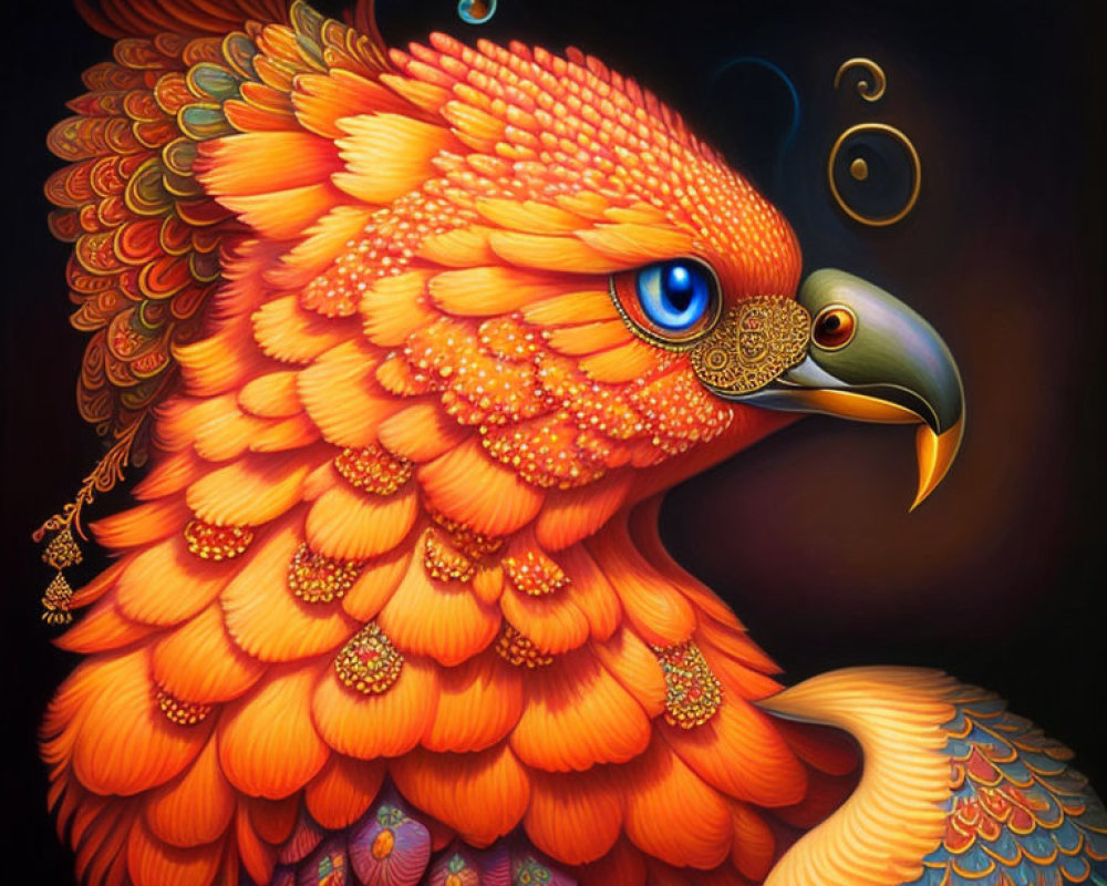 Colorful mythical bird with orange feathers and intricate patterns.