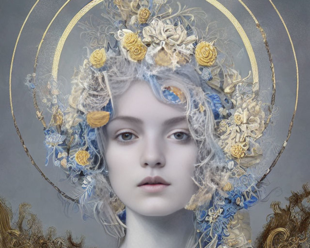 Pale-skinned woman with halo and floral headpiece in gold, blue, and white palette