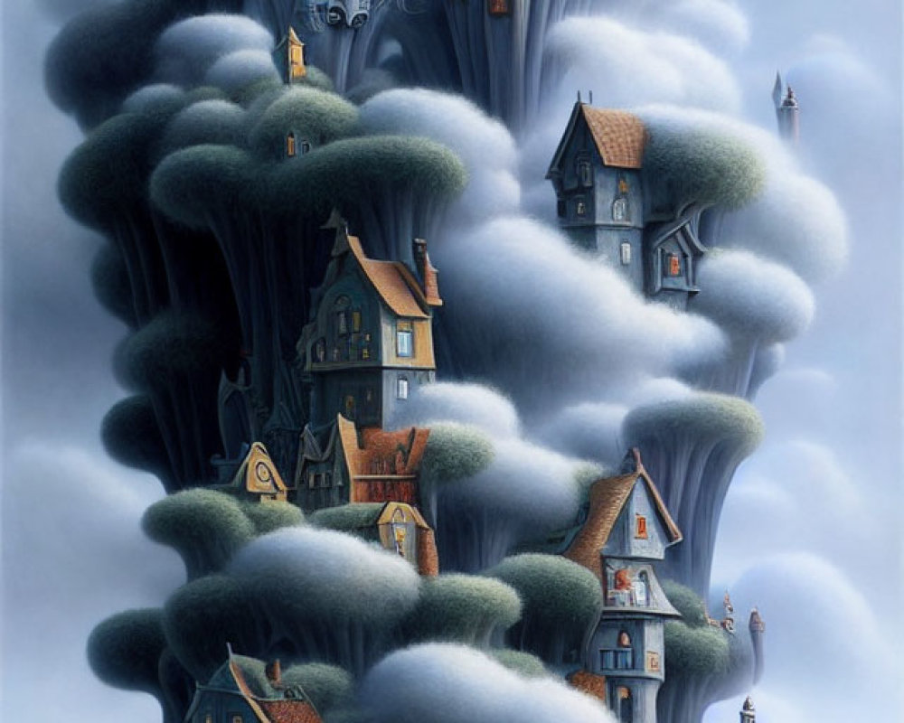 Whimsical houses on fluffy clouds with trees and pathways