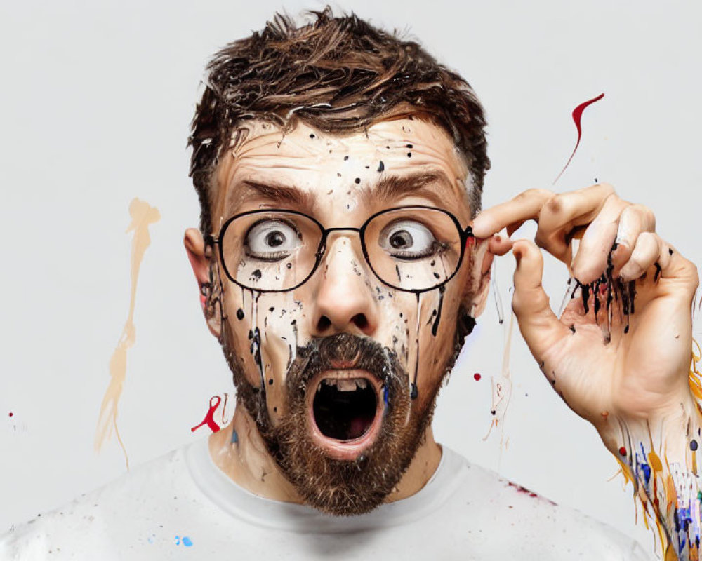 Man with messy hair, paint splatters, glasses, and white t-shirt looking surprised