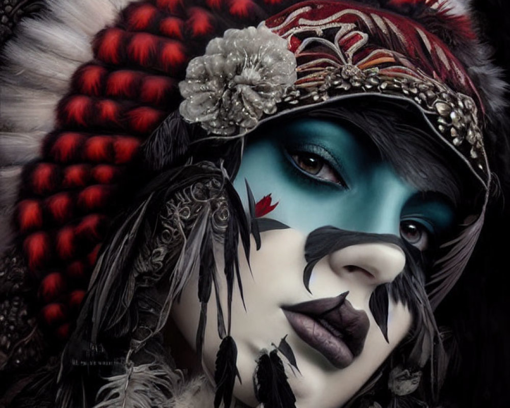 Person with Dramatic Red, Black, and White Face Paint and Feathered Headdress
