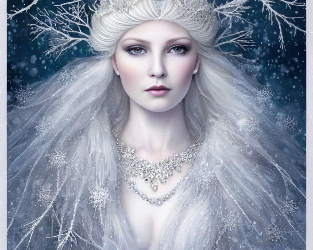 Pale woman with white hair and crown, crystal necklace, snowflakes.