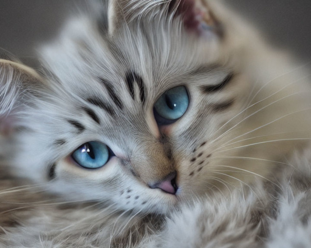 Fluffy Gray and White Cat with Blue Eyes and Serene Expression