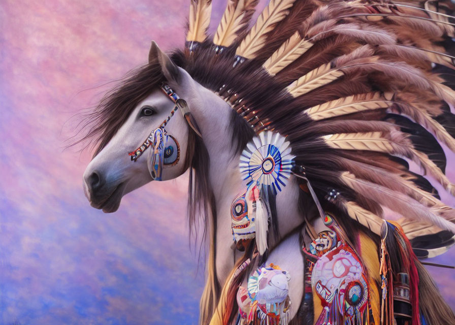 Colorful Native American-inspired regalia on a horse with ornate bridle