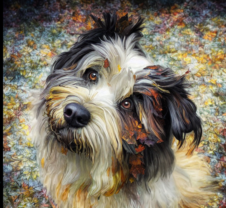Fluffy Black and White Dog with Leaves in Hair on Colorful Leafy Background