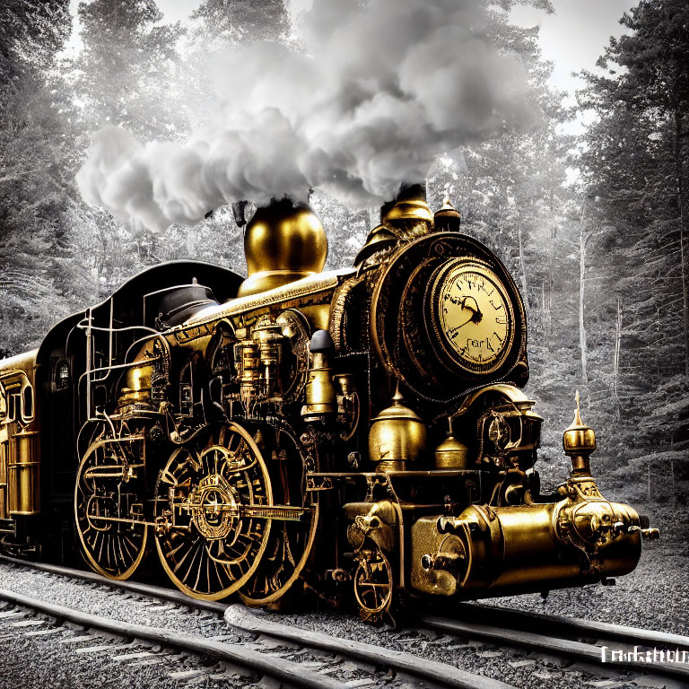 Vintage steam locomotive with golden detailing in monochrome forest