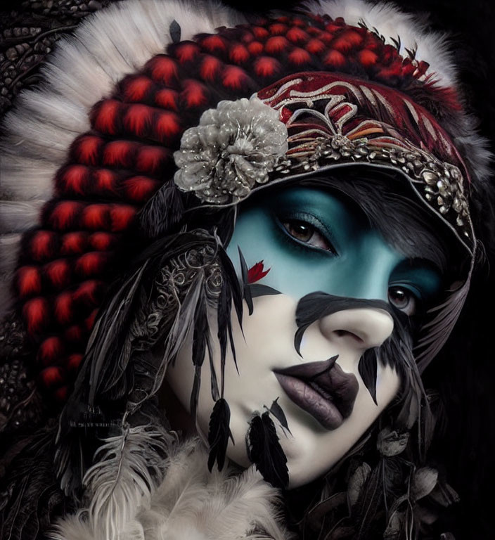 Person with Dramatic Red, Black, and White Face Paint and Feathered Headdress