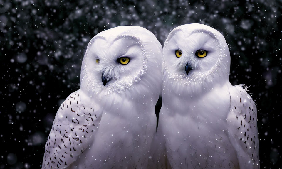 White Owls with Yellow Eyes Perched in Snowy Scene