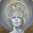 Pale-skinned woman with halo and floral headpiece in gold, blue, and white palette