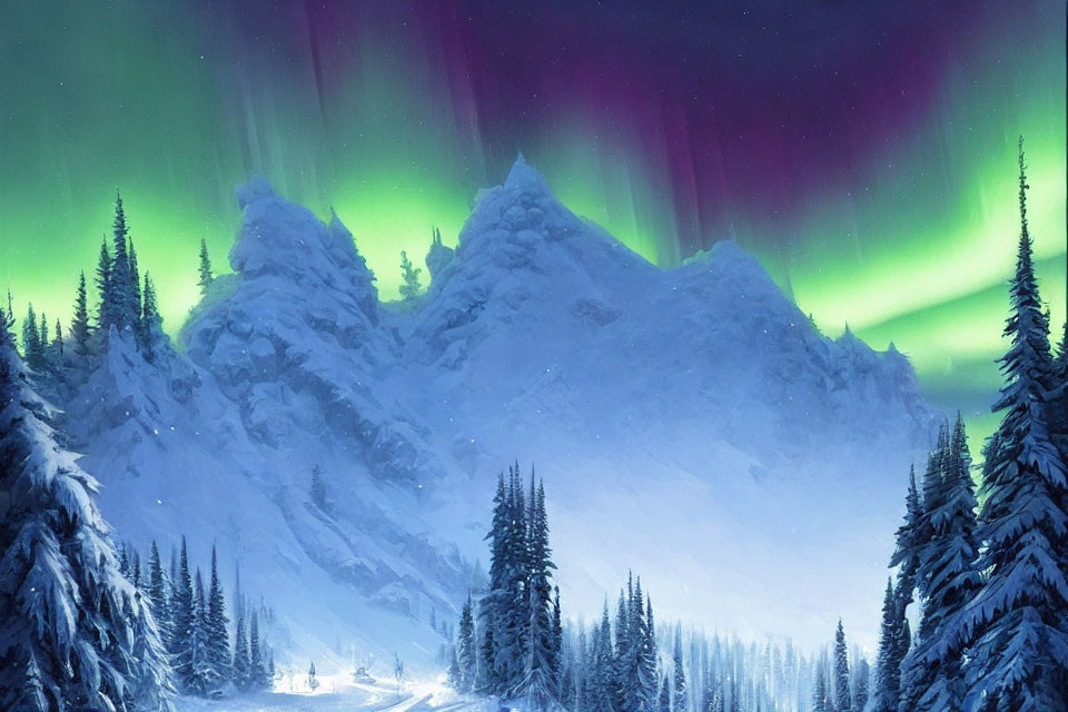 Snowy Mountain Landscape with Green Auroras and Snow-Covered Forest