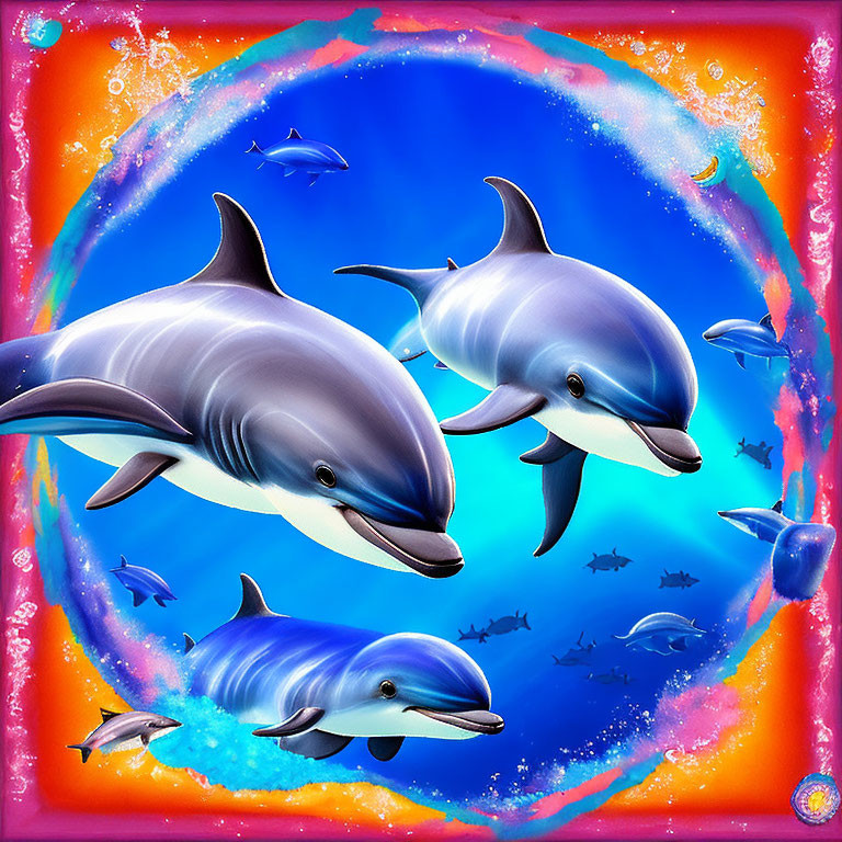 Colorful digital artwork: Smiling dolphins surrounded by sea creatures