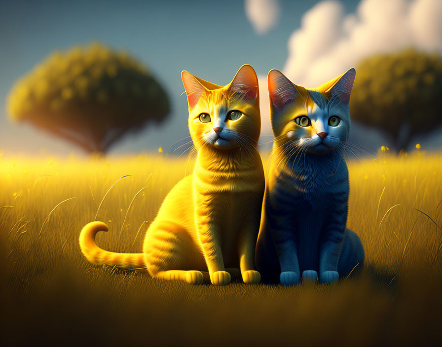 Vibrant orange and grey-striped cats in sunlit field with trees.